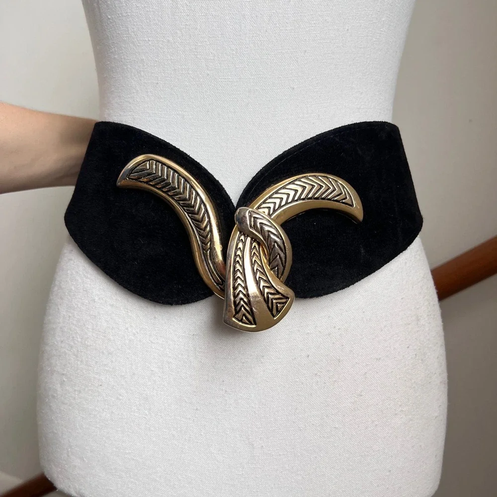 Vintage 80s Statement Belt Black Suede Leather Gold Ornate Buckle Wide Thick